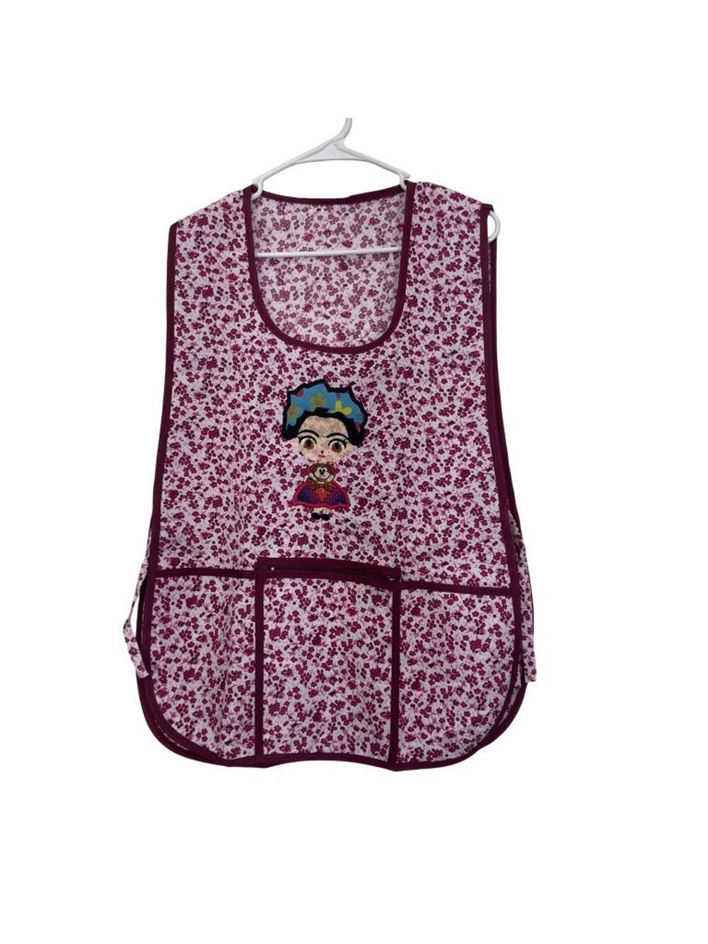 Women Apron Floral Frida Design Burgundy Trim & Pockets Kitchen One size NWOT